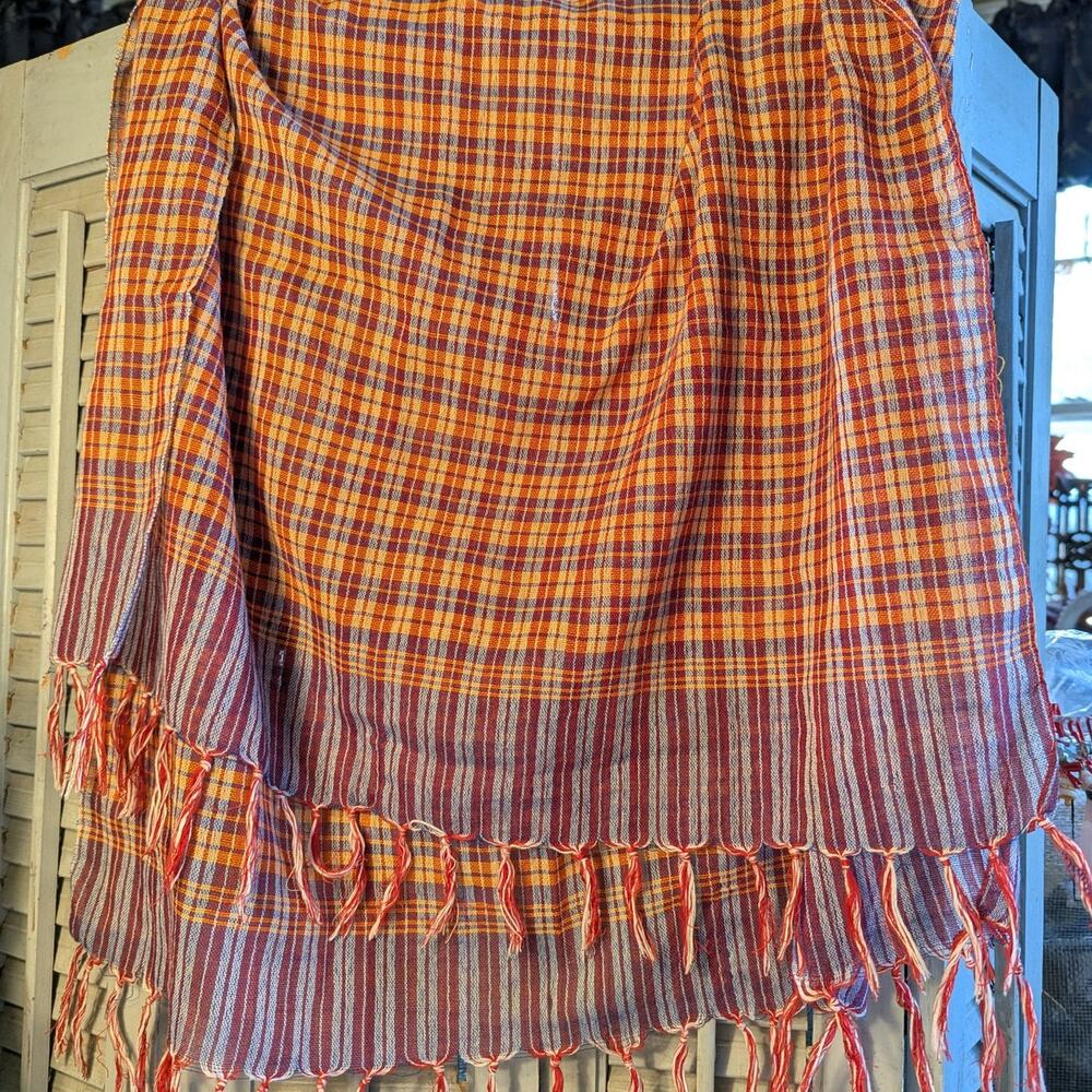 Handmade fringed plaid cotton scarf